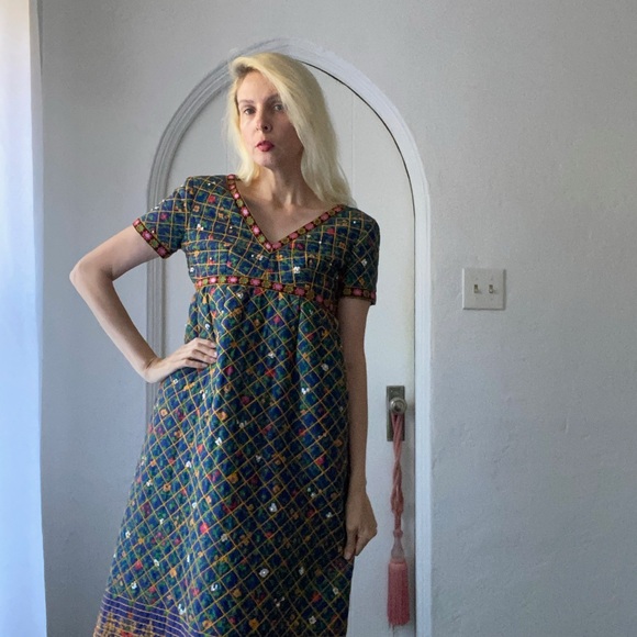 Handmade Dresses & Skirts - Vintage 70s Handmade Quilted Green Beaded Faux Pearl Long Boho Dress X/S